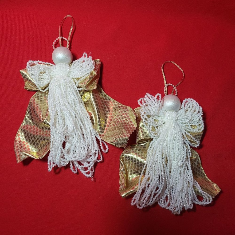 Christmas Ornament Yarn Angel White Gold Set of 2
